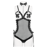 Mesh Patent Leather Bodysuit With Studs And Choker