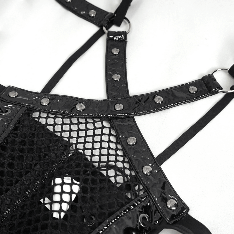Mesh Patent Leather Bodysuit With Studs And Choker