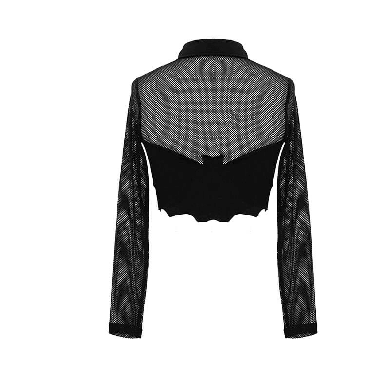 Mesh Sleeve Crop Top with Buckles / Gothic Black Mesh Top