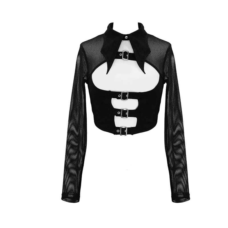 Mesh Sleeve Crop Top with Buckles / Gothic Black Mesh Top