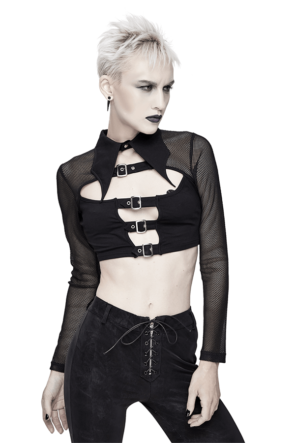 Mesh Sleeve Crop Top with Buckles / Gothic Black Mesh Top