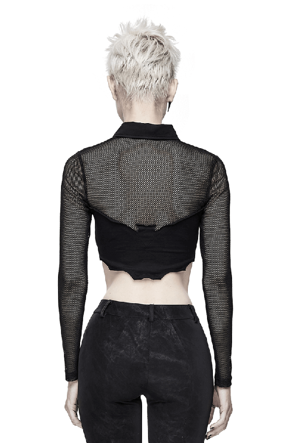 Mesh Sleeve Crop Top with Buckles / Gothic Black Mesh Top