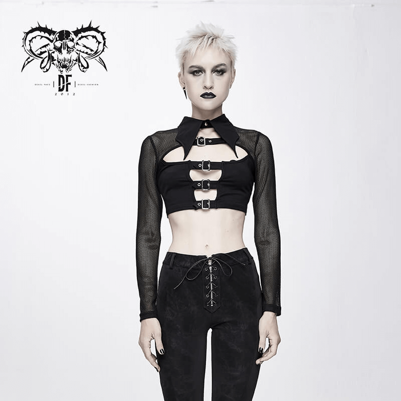 Mesh Sleeve Crop Top with Buckles / Gothic Black Mesh Top