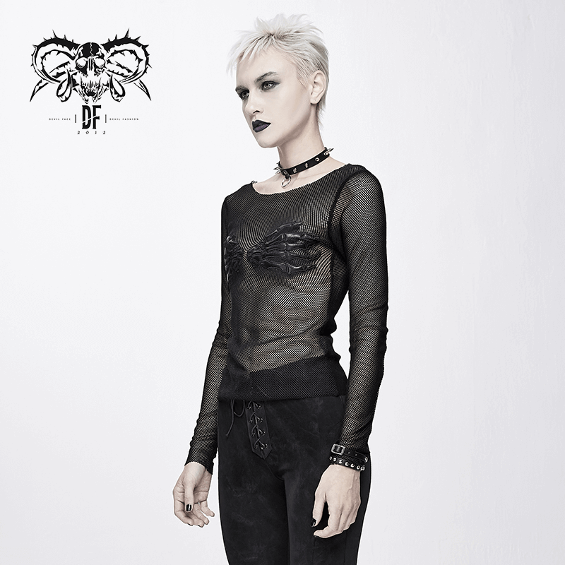 Mesh Sleeve Top: Skeleton Hands Design / Slim Black Fit