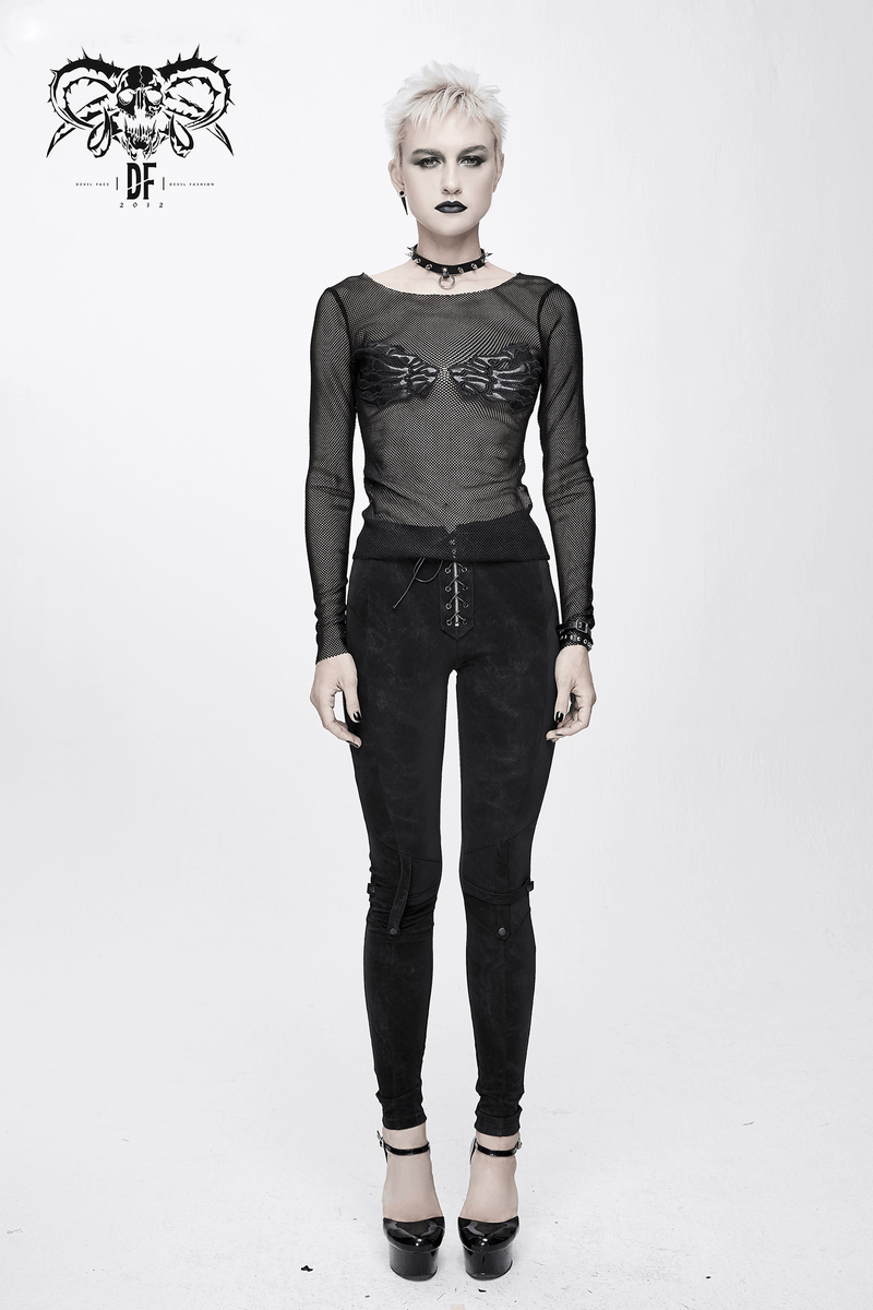 Mesh Sleeve Top: Skeleton Hands Design / Slim Black Fit