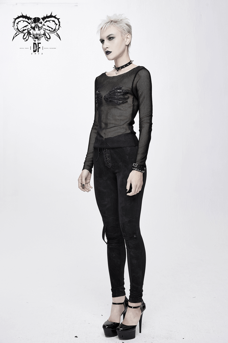 Mesh Sleeve Top: Skeleton Hands Design / Slim Black Fit