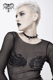 Mesh Sleeve Top: Skeleton Hands Design / Slim Black Fit