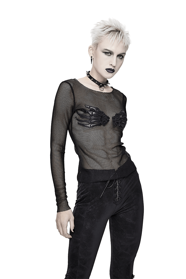 Mesh Sleeve Top: Skeleton Hands Design / Slim Black Fit