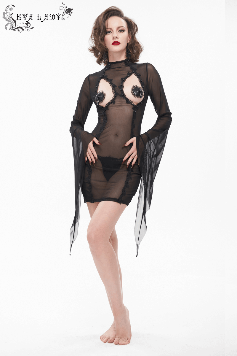 Mesh Sleeves Dress: Sexy Mini and Chest Hollow Women's Dress