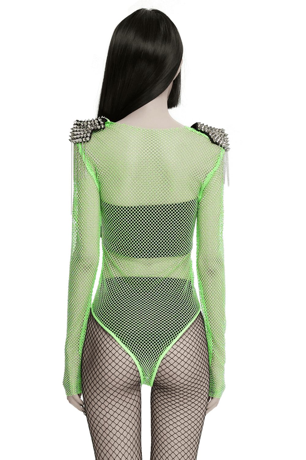 Neon Mesh Bodysuit with Removable Spiked Shoulder Patches