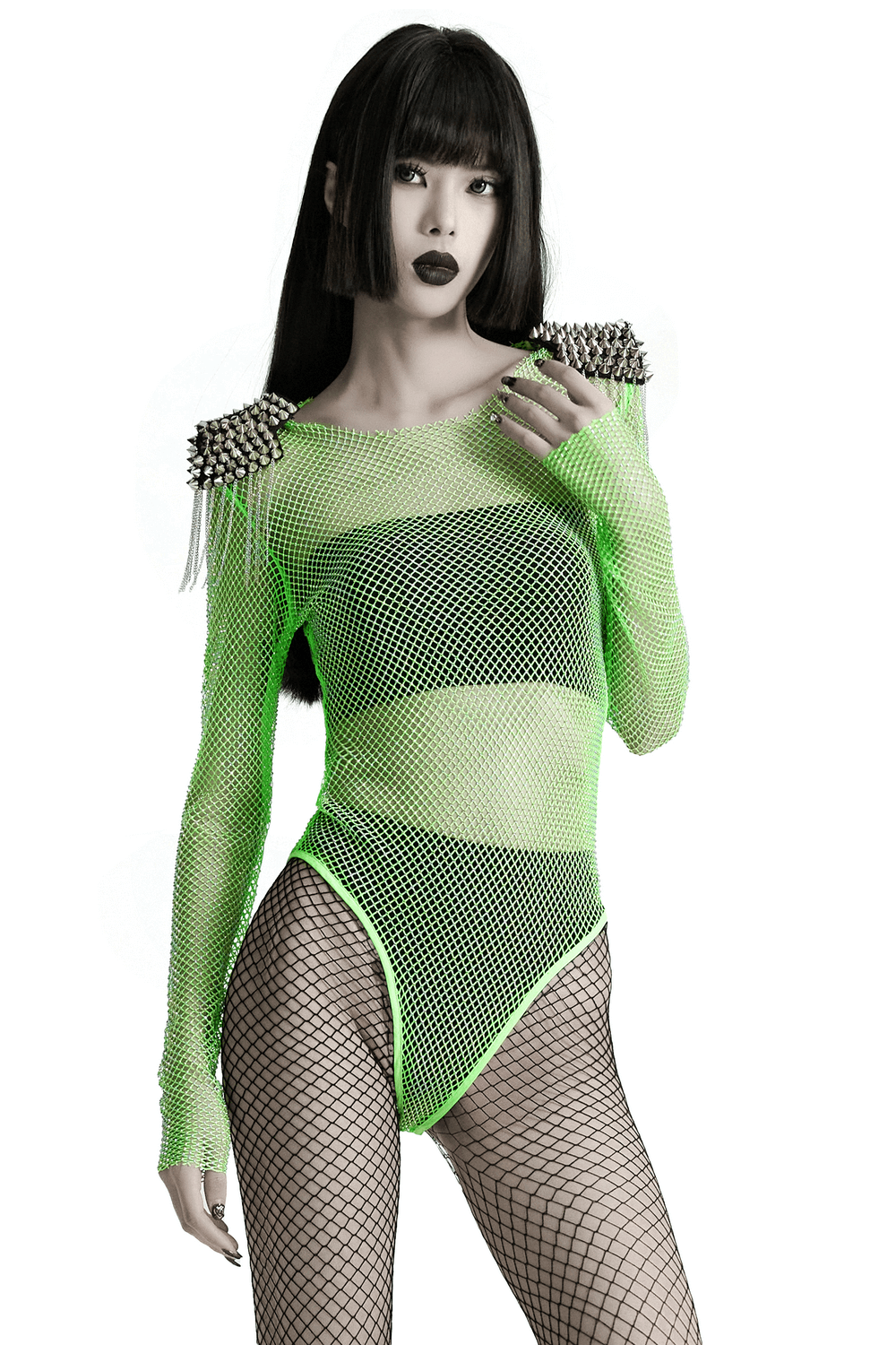 Neon Mesh Bodysuit with Removable Spiked Shoulder Patches