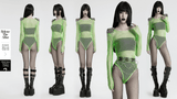 Neon Mesh Bodysuit with Removable Spiked Shoulder Patches