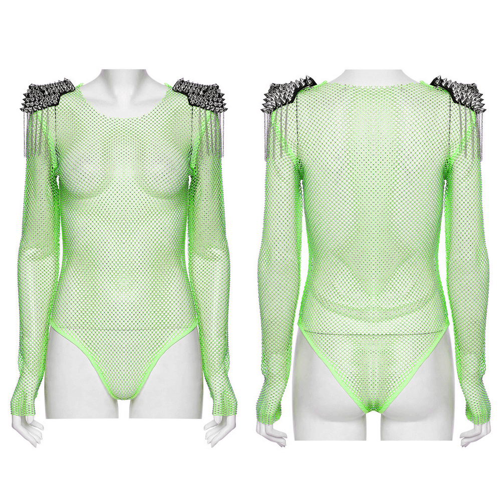 Neon Mesh Bodysuit with Removable Spiked Shoulder Patches