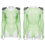 Neon Mesh Bodysuit with Removable Spiked Shoulder Patches