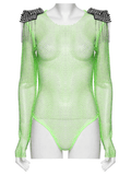 Neon Mesh Bodysuit with Removable Spiked Shoulder Patches