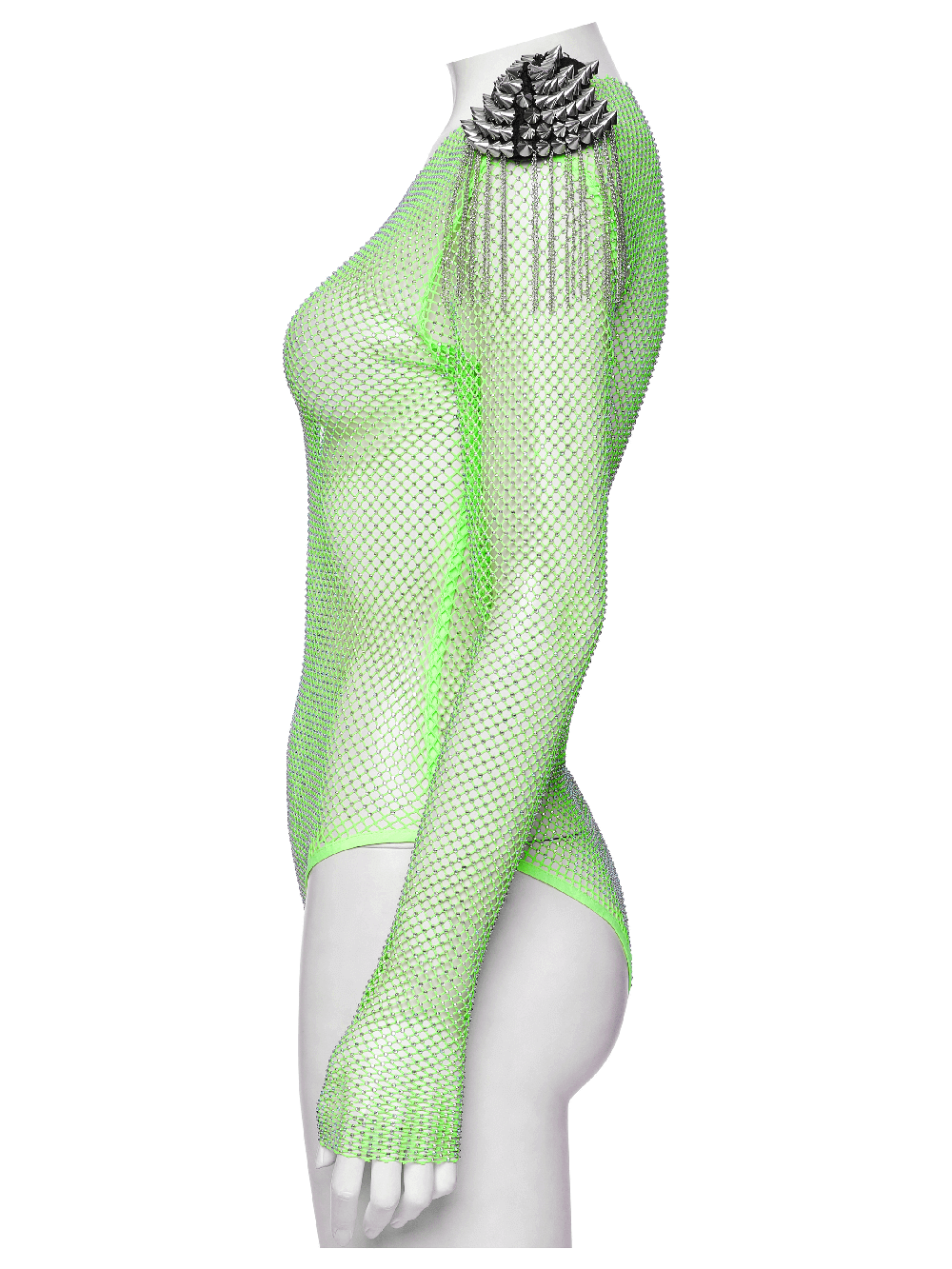 Neon Mesh Bodysuit with Removable Spiked Shoulder Patches