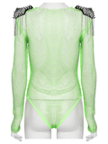 Neon Mesh Bodysuit with Removable Spiked Shoulder Patches
