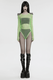 Neon Mesh Bodysuit with Removable Spiked Shoulder Patches