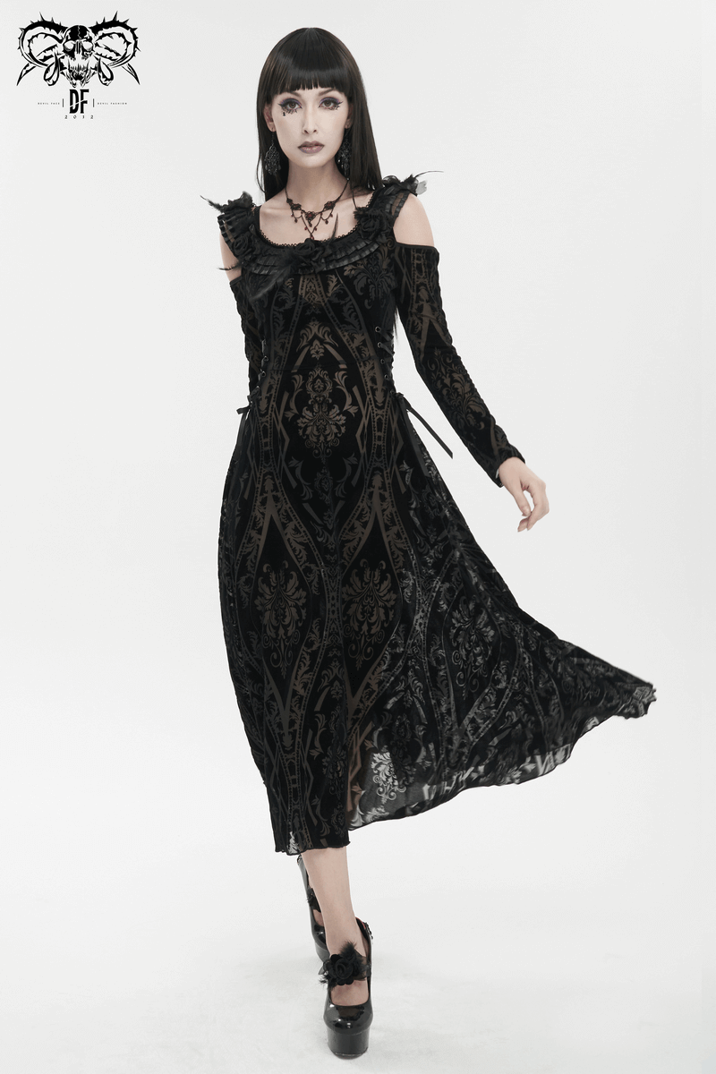 Off-Shoulder Gothic Semi-Transparent Dress With Pattern
