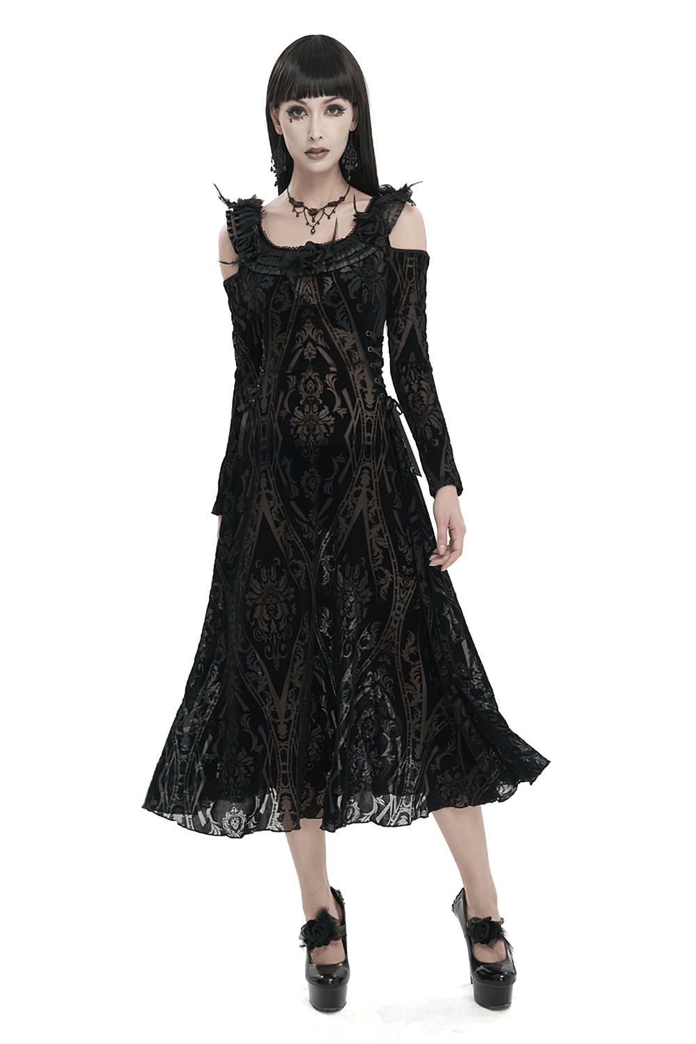 Off-Shoulder Gothic Semi-Transparent Dress With Pattern