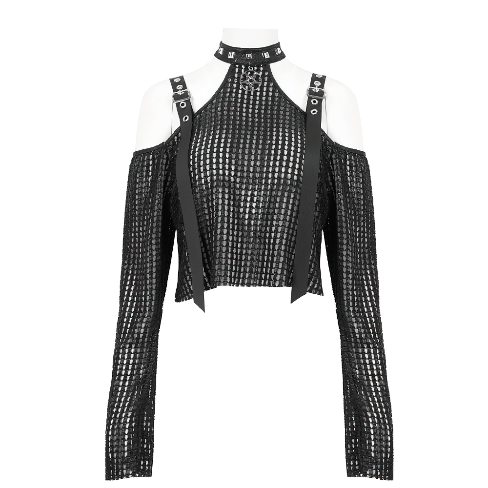 Off-Shoulder Halter Top With Pentagram And Buckle Straps