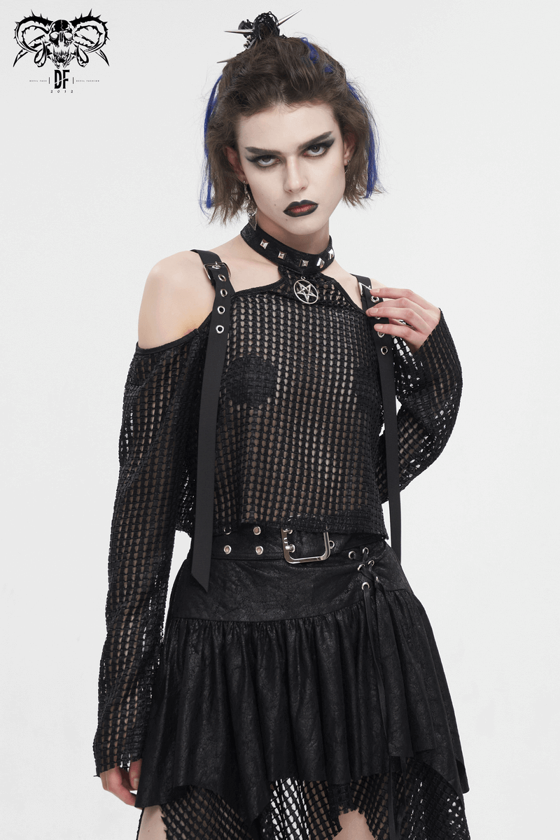 Off-Shoulder Halter Top With Pentagram And Buckle Straps