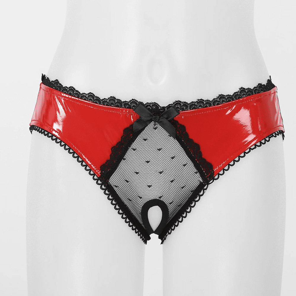 Patent Leather Panties with Bows and Open Crotch