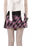 Pink And Black Plaid Mini Skirt with Leather Belt