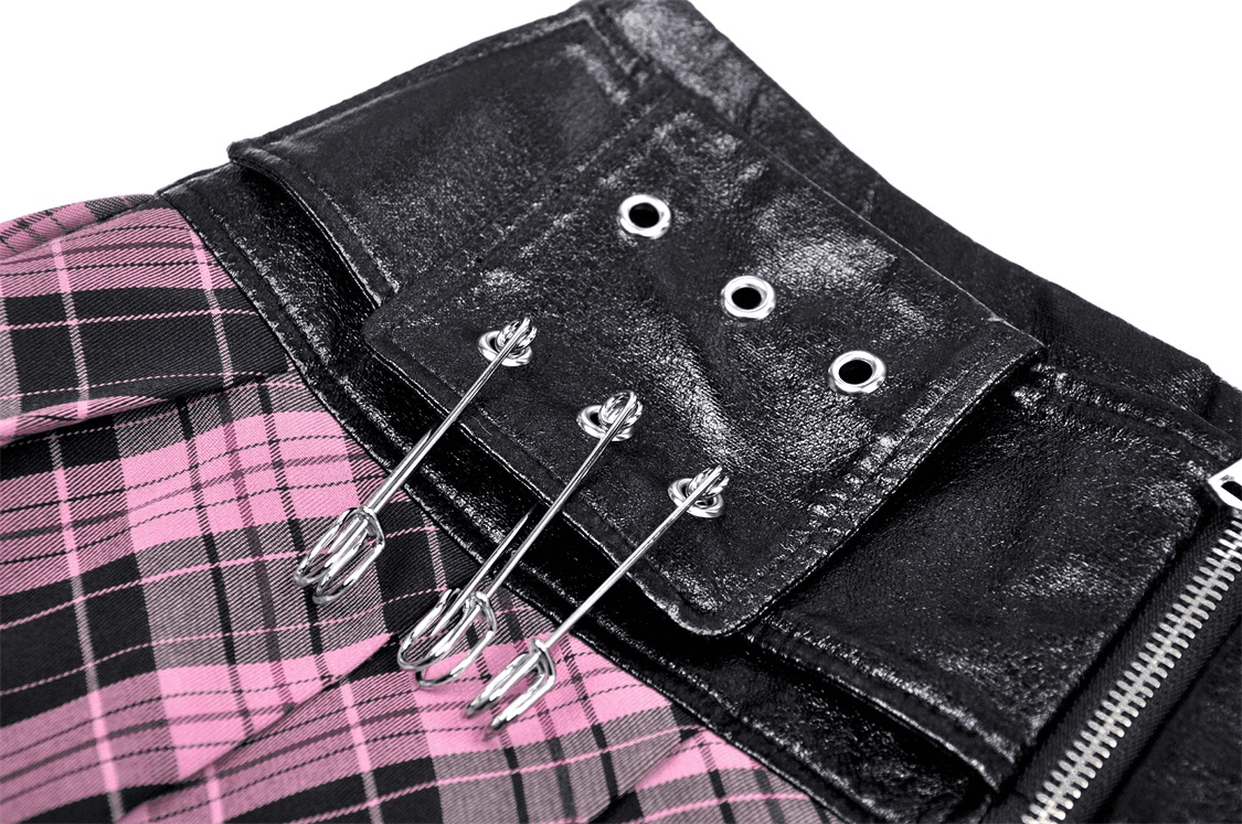 Pink And Black Plaid Mini Skirt with Leather Belt