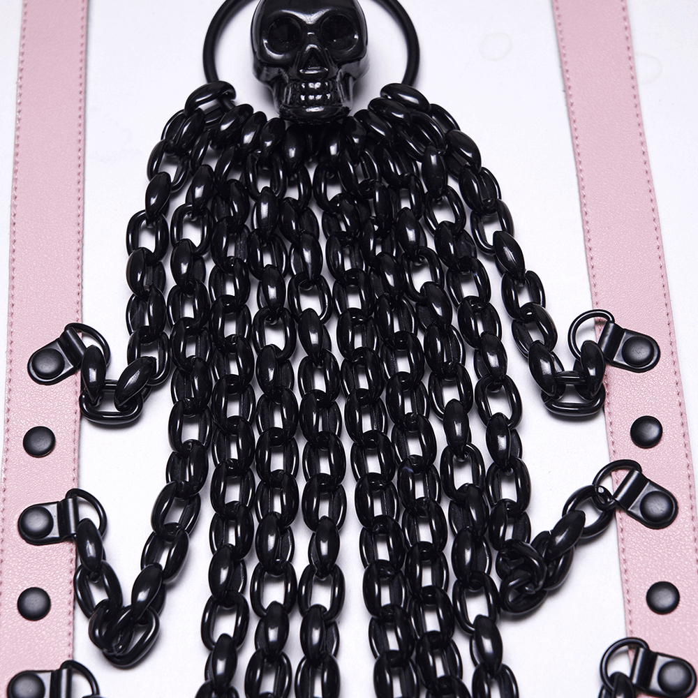 Pink Gothic Faux Leather Harness with Chains and Skull