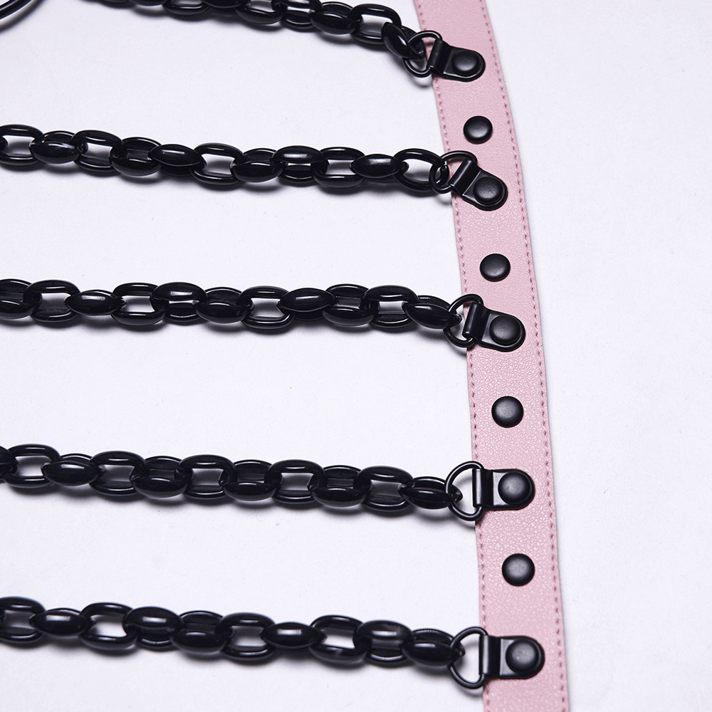 Pink Gothic Faux Leather Harness with Chains and Skull
