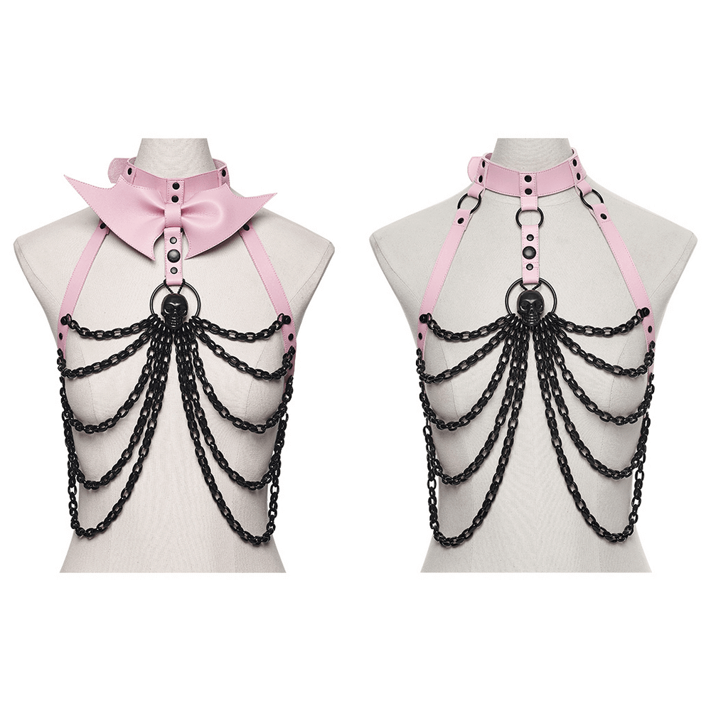 Pink Gothic Faux Leather Harness with Chains and Skull