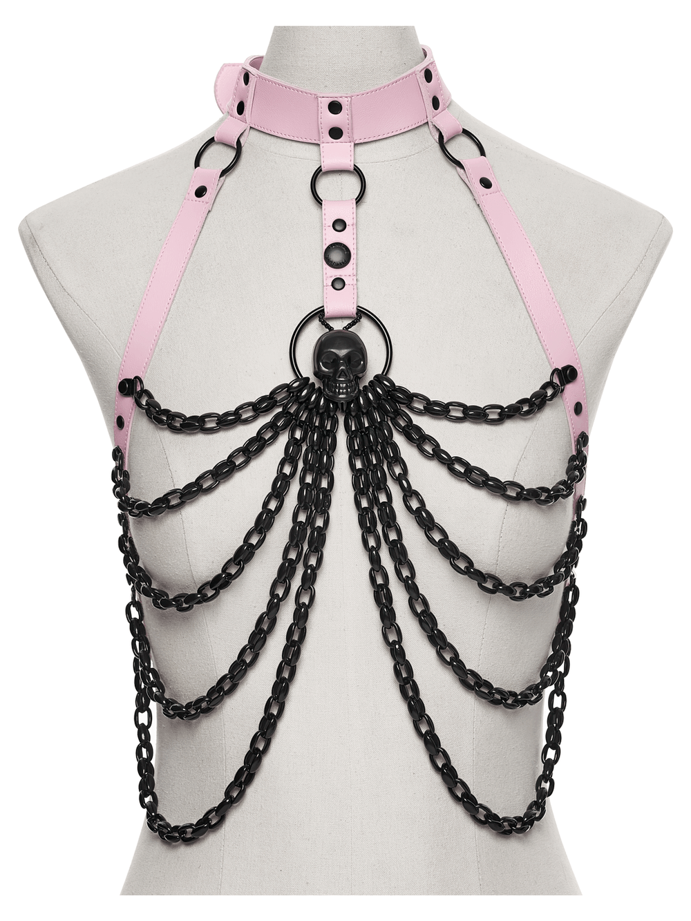 Pink Gothic Faux Leather Harness with Chains and Skull