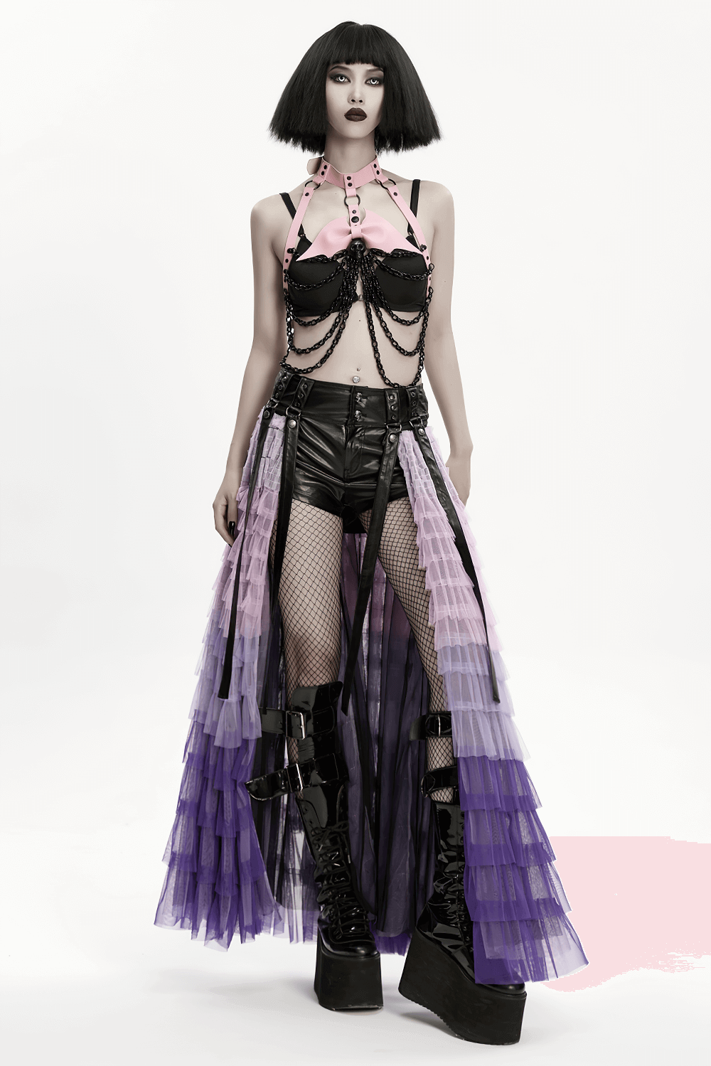 Pink Gothic Faux Leather Harness with Chains and Skull