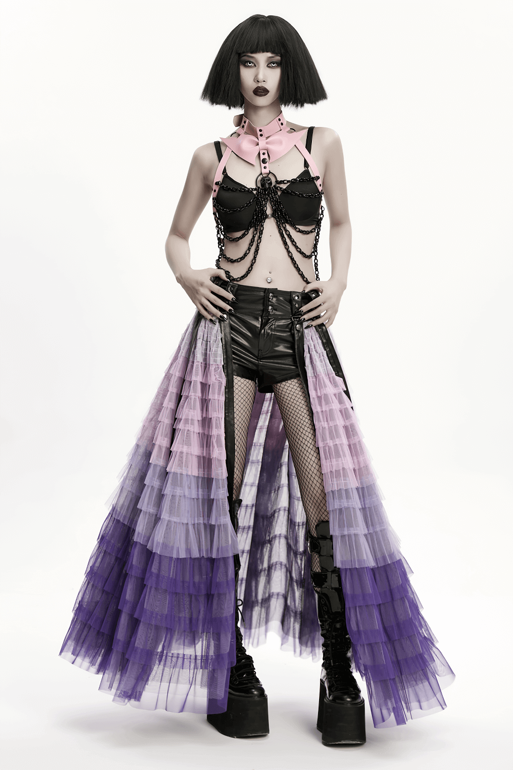 Pink Gothic Faux Leather Harness with Chains and Skull