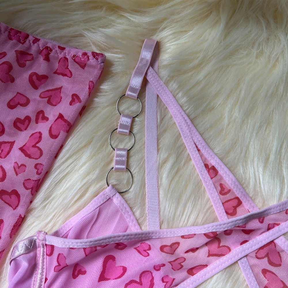 Pink Heart Pattern Lingerie Set with Garter and Gloves - EVE's SECRETS