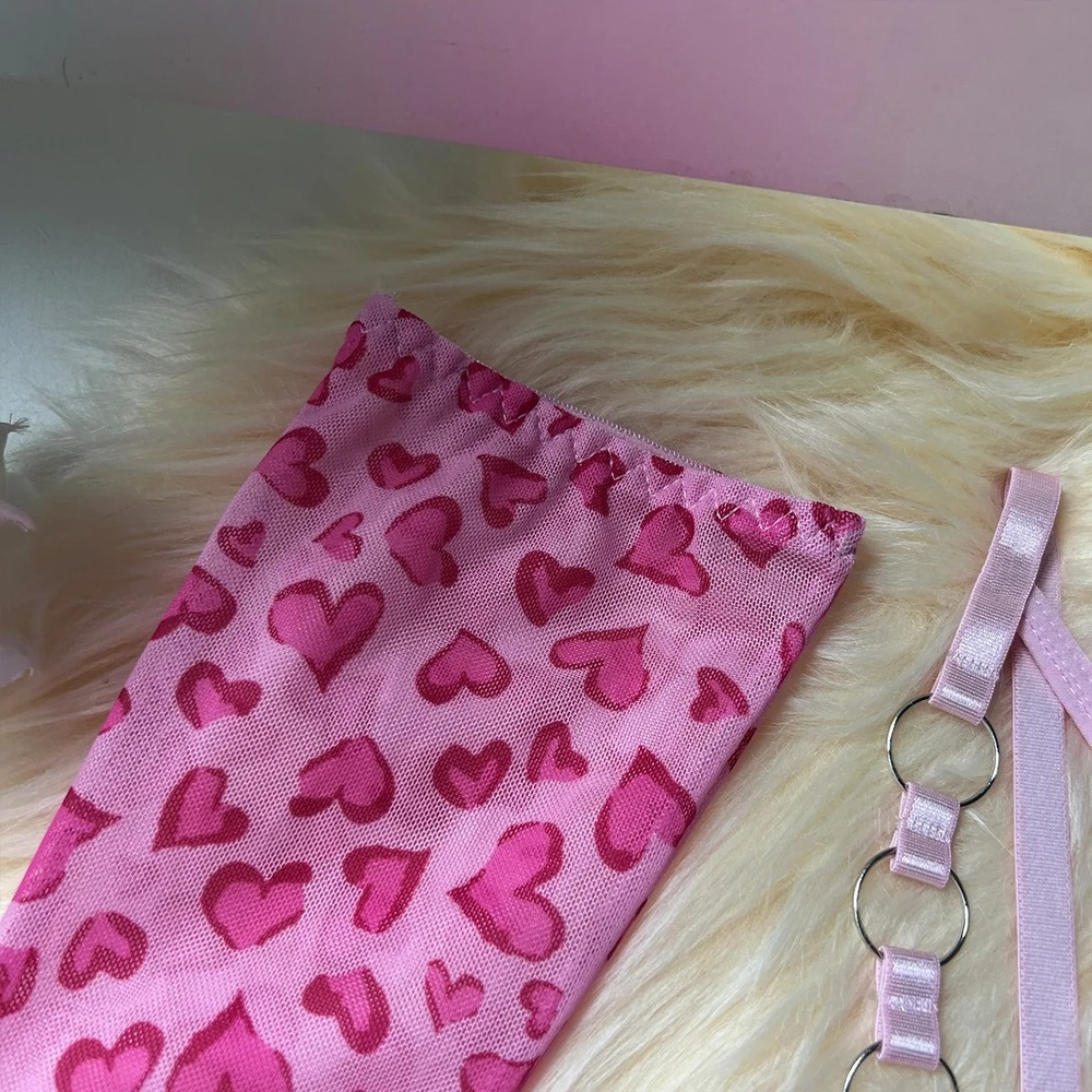 Pink Heart Pattern Lingerie Set with Garter and Gloves - EVE's SECRETS