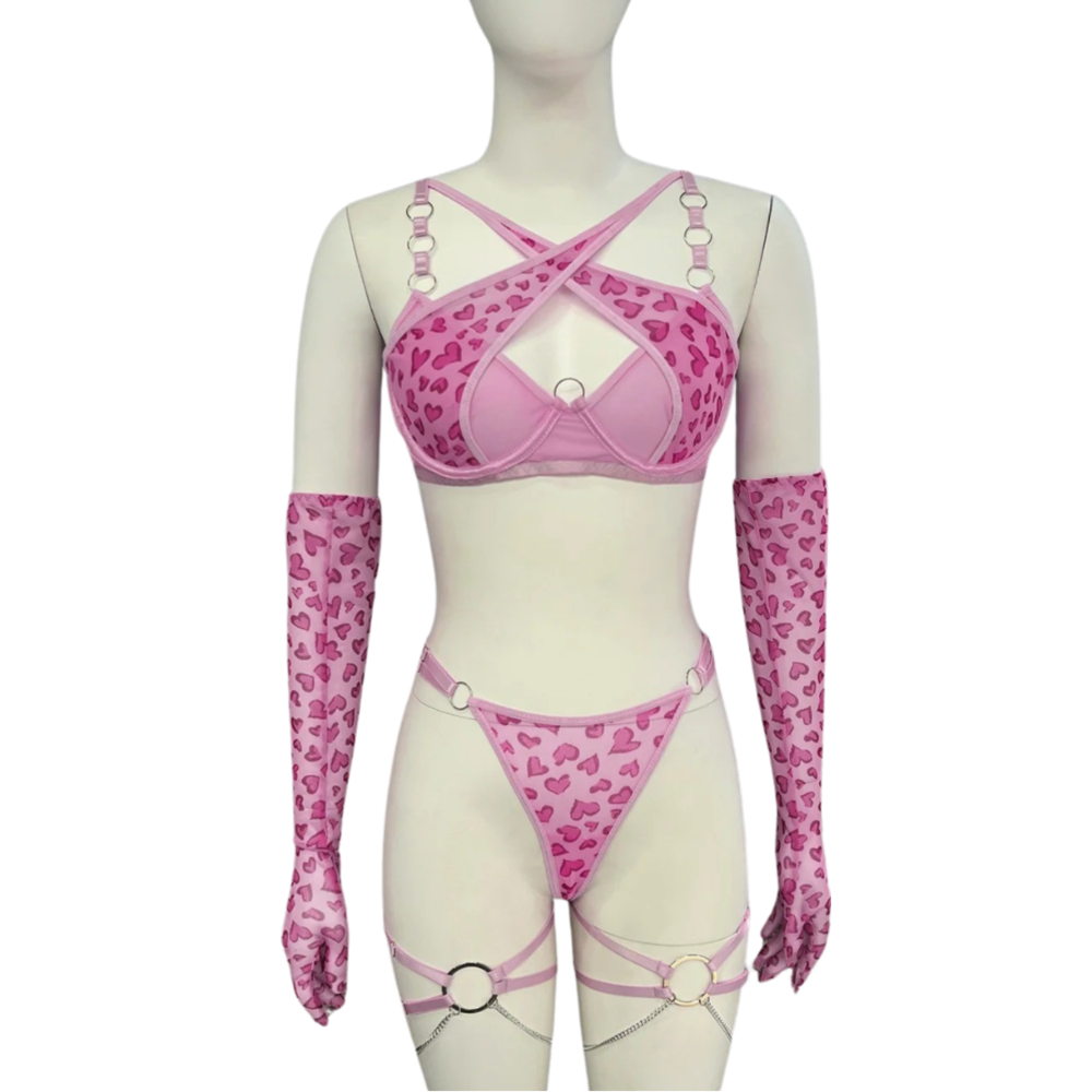 Pink Heart Pattern Lingerie Set with Garter and Gloves - EVE's SECRETS