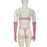 Pink Heart Pattern Lingerie Set with Garter and Gloves - EVE's SECRETS