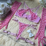 Pink Heart Pattern Lingerie Set with Garter and Gloves - EVE's SECRETS