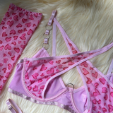 Pink Heart Pattern Lingerie Set with Garter and Gloves - EVE's SECRETS