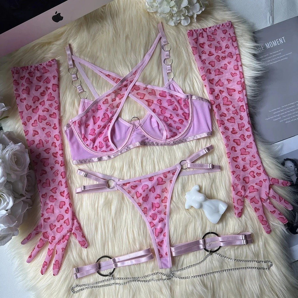 Pink Heart Pattern Lingerie Set with Garter and Gloves - EVE's SECRETS
