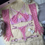 Pink Heart Pattern Lingerie Set with Garter and Gloves - EVE's SECRETS