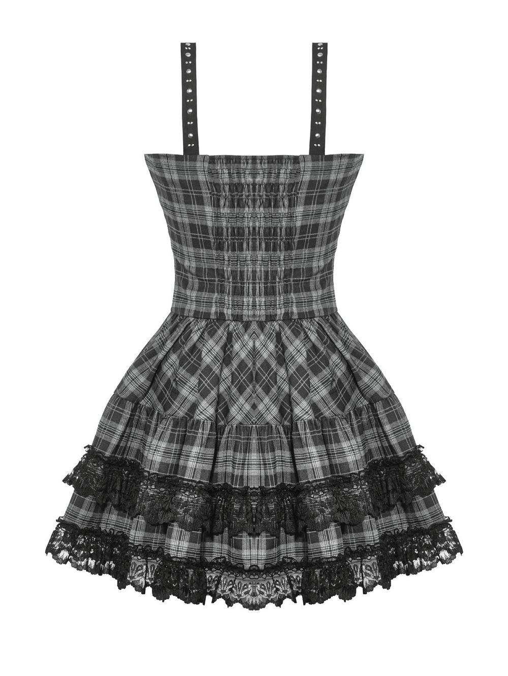 Plaid Gothic Mini Dress with Lace Edging and Harness Straps