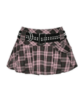 Pleated Plaid Mini Skirt with Edgy Studded Waist Belt
