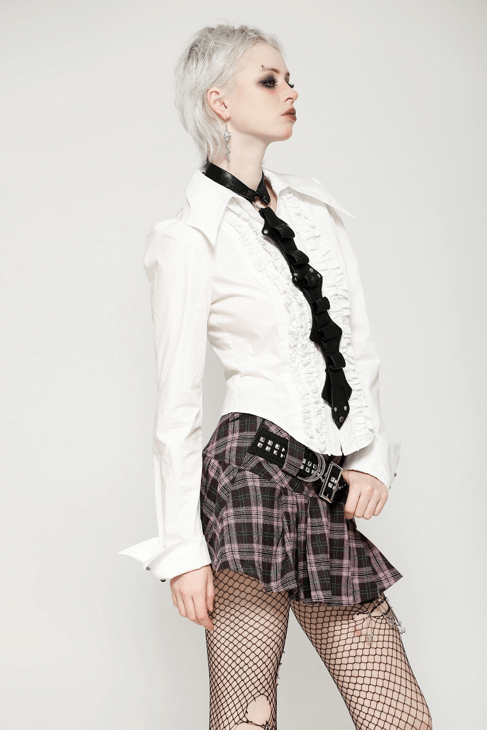 Pleated Plaid Mini Skirt with Edgy Studded Waist Belt