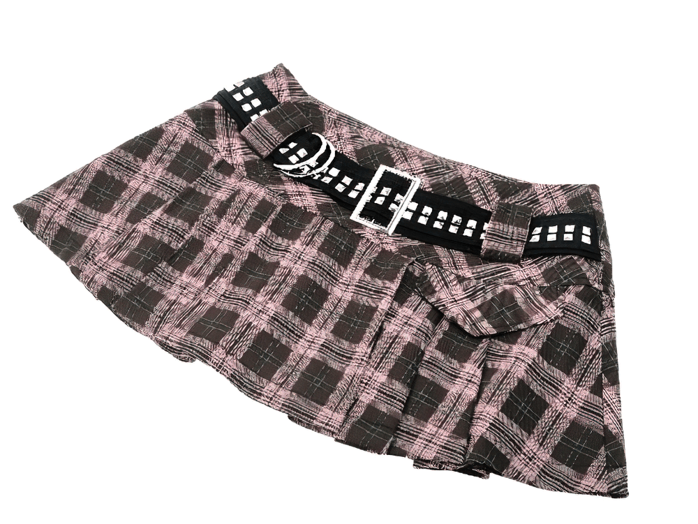 Pleated Plaid Mini Skirt with Edgy Studded Waist Belt