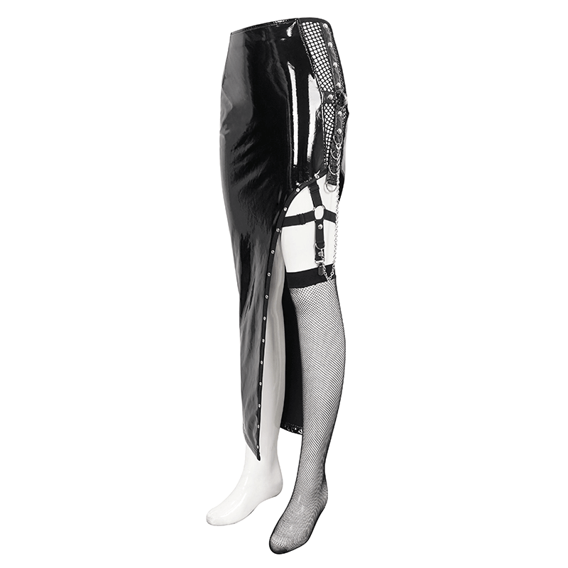 Punk Asymmetric Patent Leather Skirt with Mesh Stockings