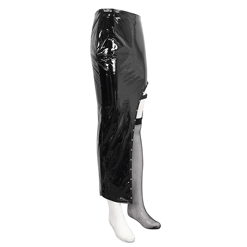 Punk Asymmetric Patent Leather Skirt with Mesh Stockings