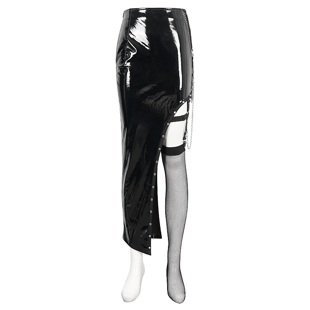Punk Asymmetric Patent Leather Skirt with Mesh Stockings